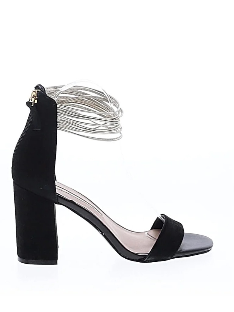 Audrey Brooke Black Block Heel Sandals With Silver Wrap Ankle Straps